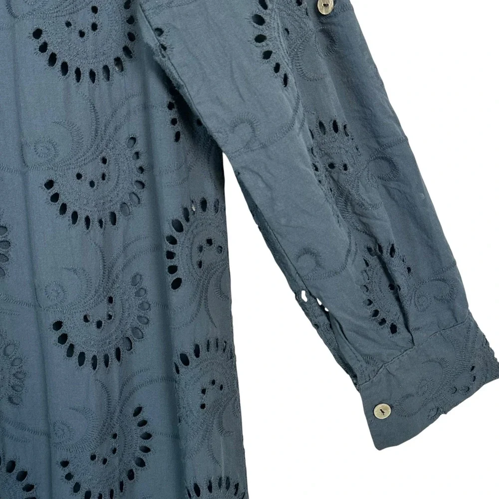 Italian Cotton Eyelet Shirt Dress Blue Embroidered Tunic Long Sleeve L - Picture 10 of 11